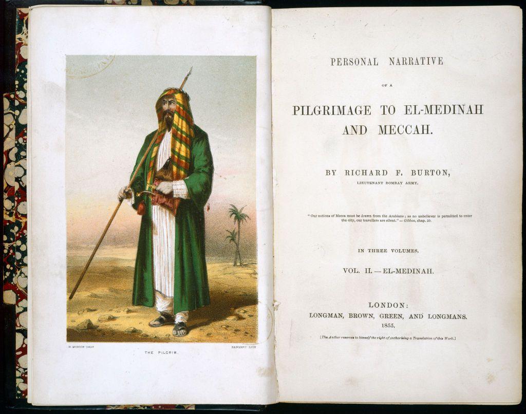 Imagen del libro de Richard Burton "Peregrinaje a Medina y La Meca", con una ilustración de él vestido de árabe.