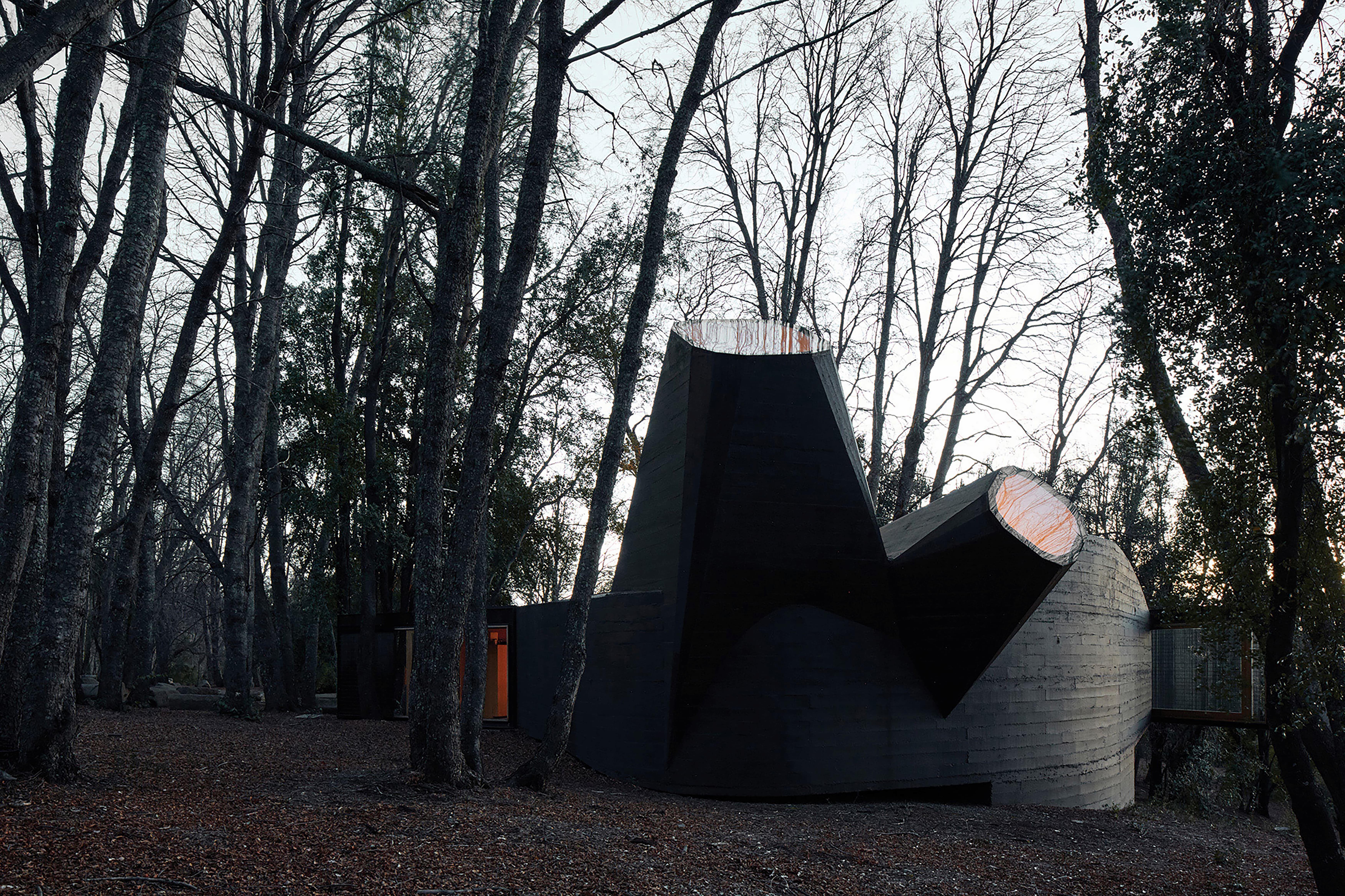 Estructura arquitectónica de formas mayormente rectas en un bosque de árboles altos y desnudos al atardecer.