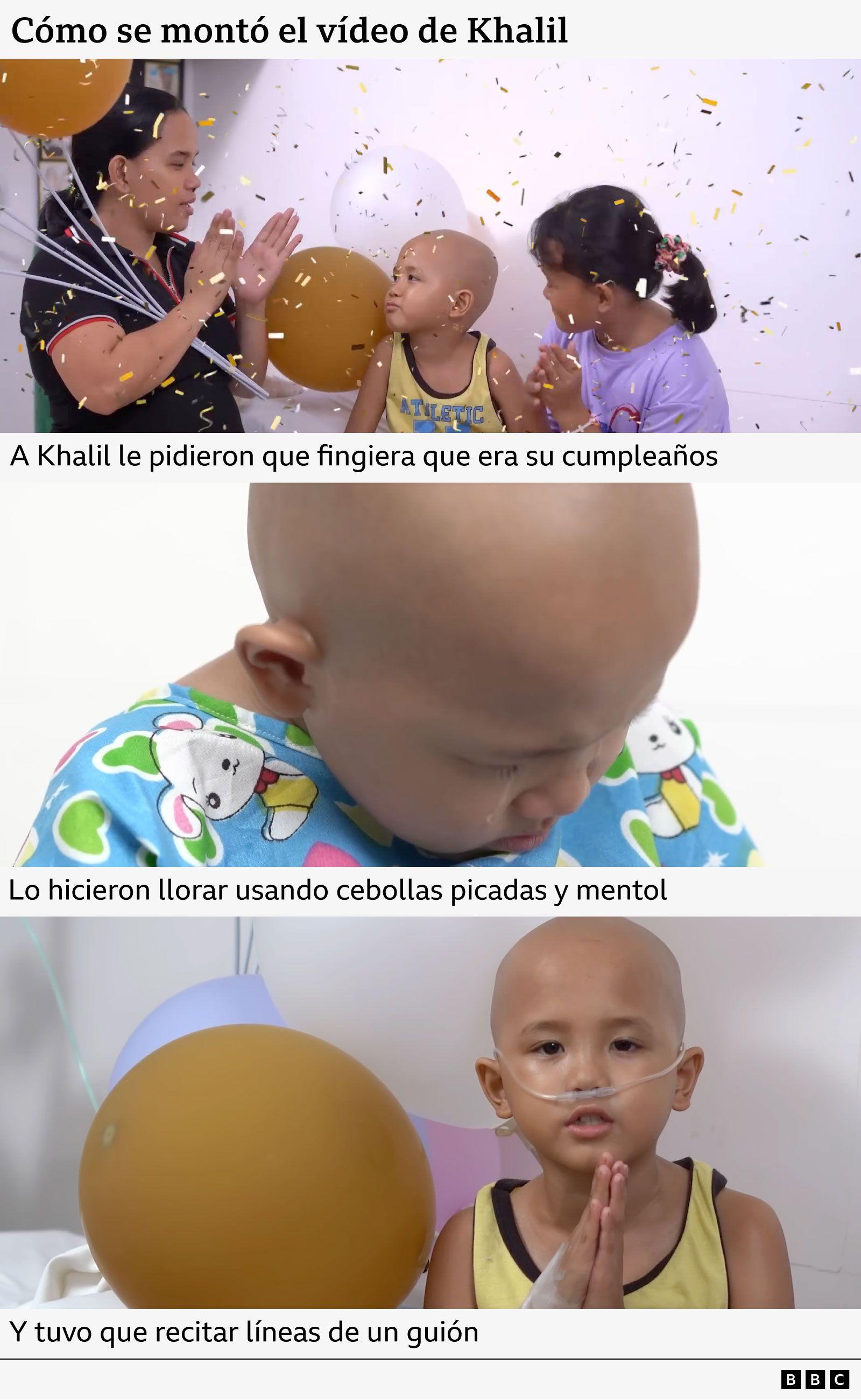 Imágenes del video que los estafadores grabaron de Khalil. Se ven tres imágenes, en una el niño, que no tiene pelo, celebra con su madre y una enfermera su cumpleaños en el hospital, en otra llora cabizbajo, y en la tercera imagen reza mientra lleva una cánula de oxígeno sujeta a su nariz