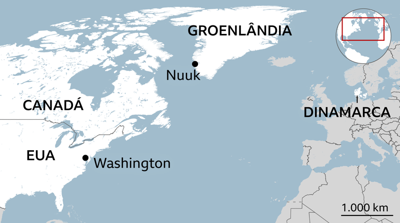 Mapa mostrando a localiza&ccedil;&atilde;o da Groenl&acirc;ndia e da sua capital Nuuk, em rela&ccedil;&atilde;o &agrave; Dinamarca, ao Canad&aacute; e aos Estados Unidos e sua capital, Washington.