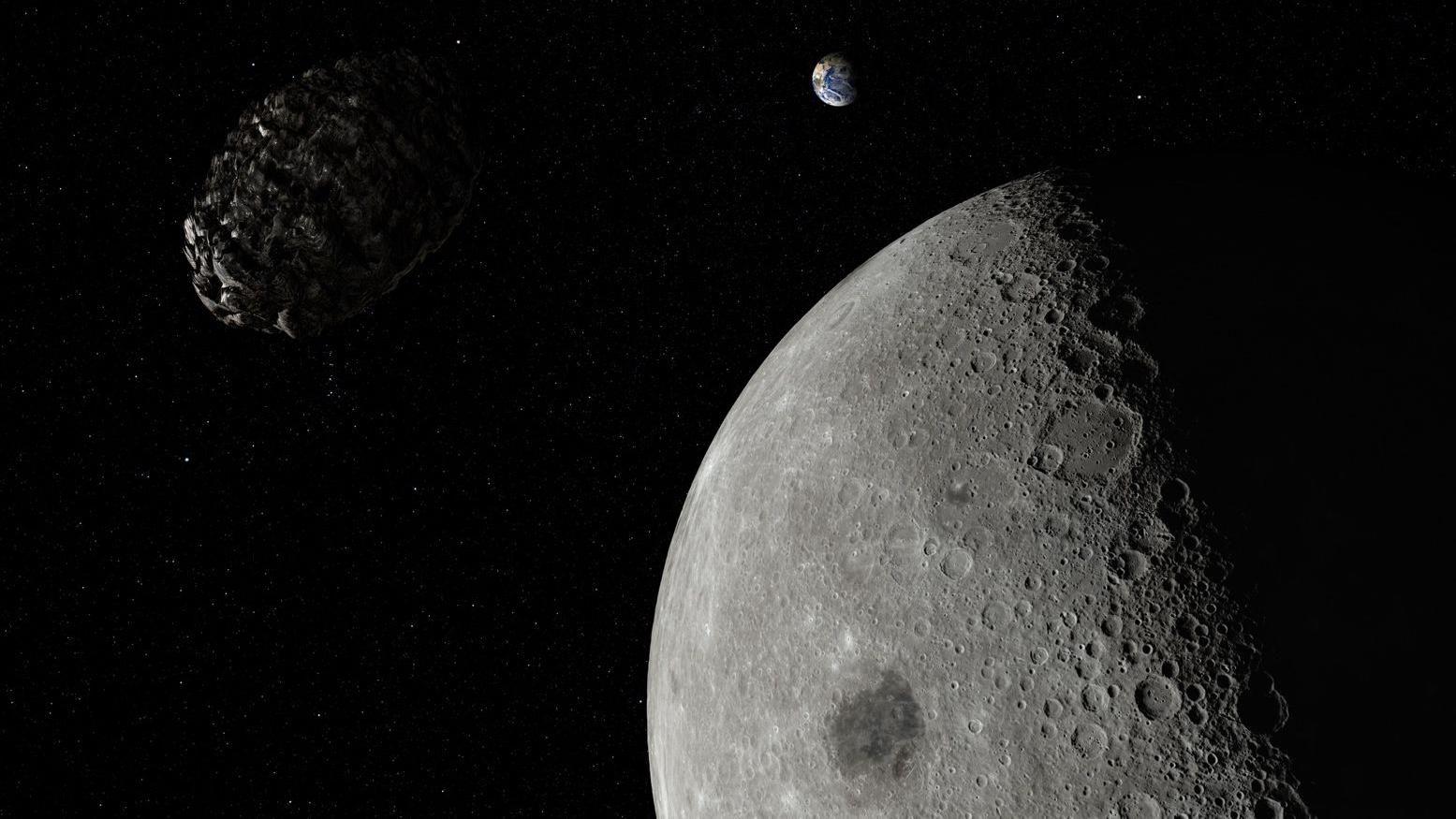 Un gran asteroide de hierro en trayectoria de colisión hacia la Luna con la Tierra al fondo, capturado desde el espacio.