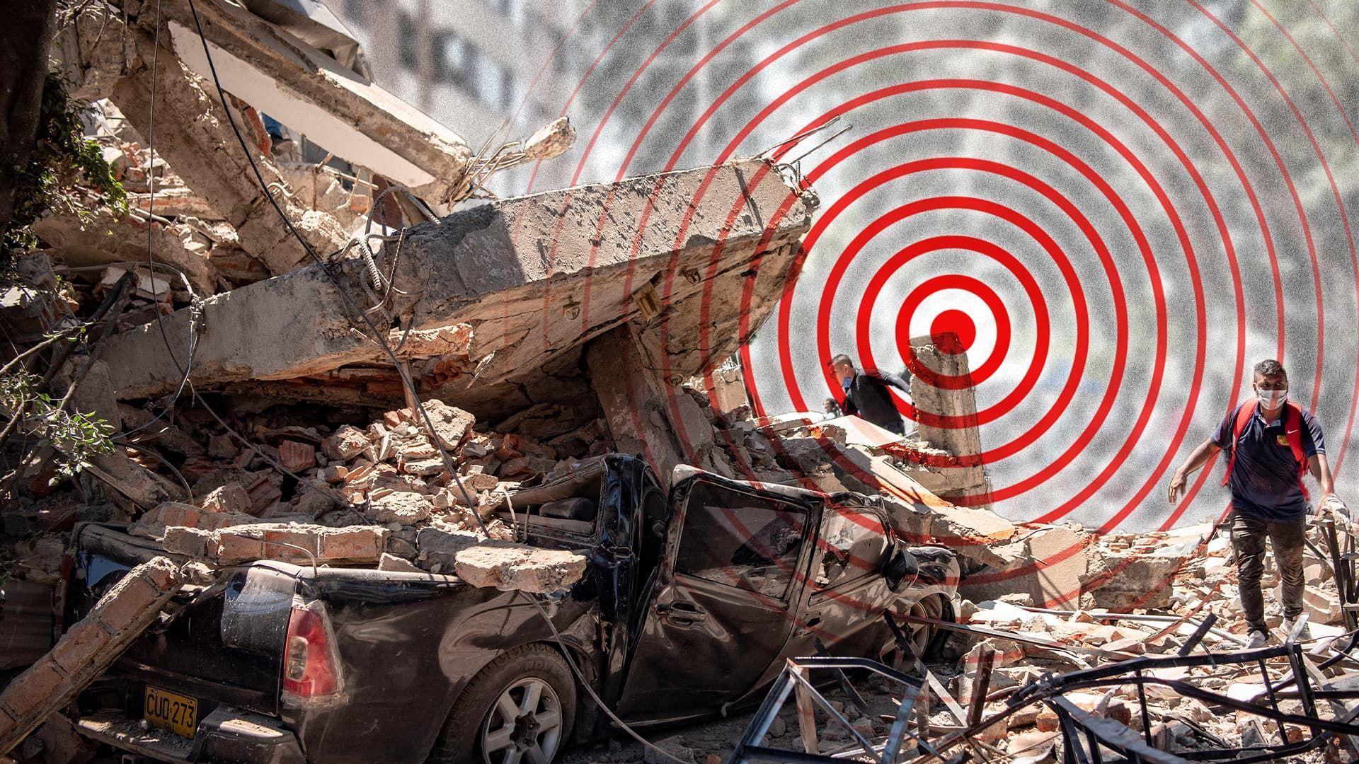 Imagen compuesta con la foto de un edificio derrumbado en el terremoto en Colombia y el dibujo de círculos concéntricos que indican ondas en expansión