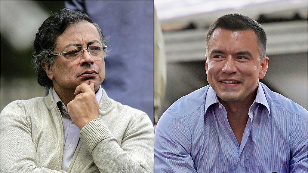El presidente de Colombia, Gustavo Petro (izq.), durante la promulgación de la nueva ley laboral en el museo Quinta de Bolívar en Bogotá, lleva una camisa azul y un suéter verde, y el presidente de Ecuador, Daniel Noboa, con una camisa azul. 