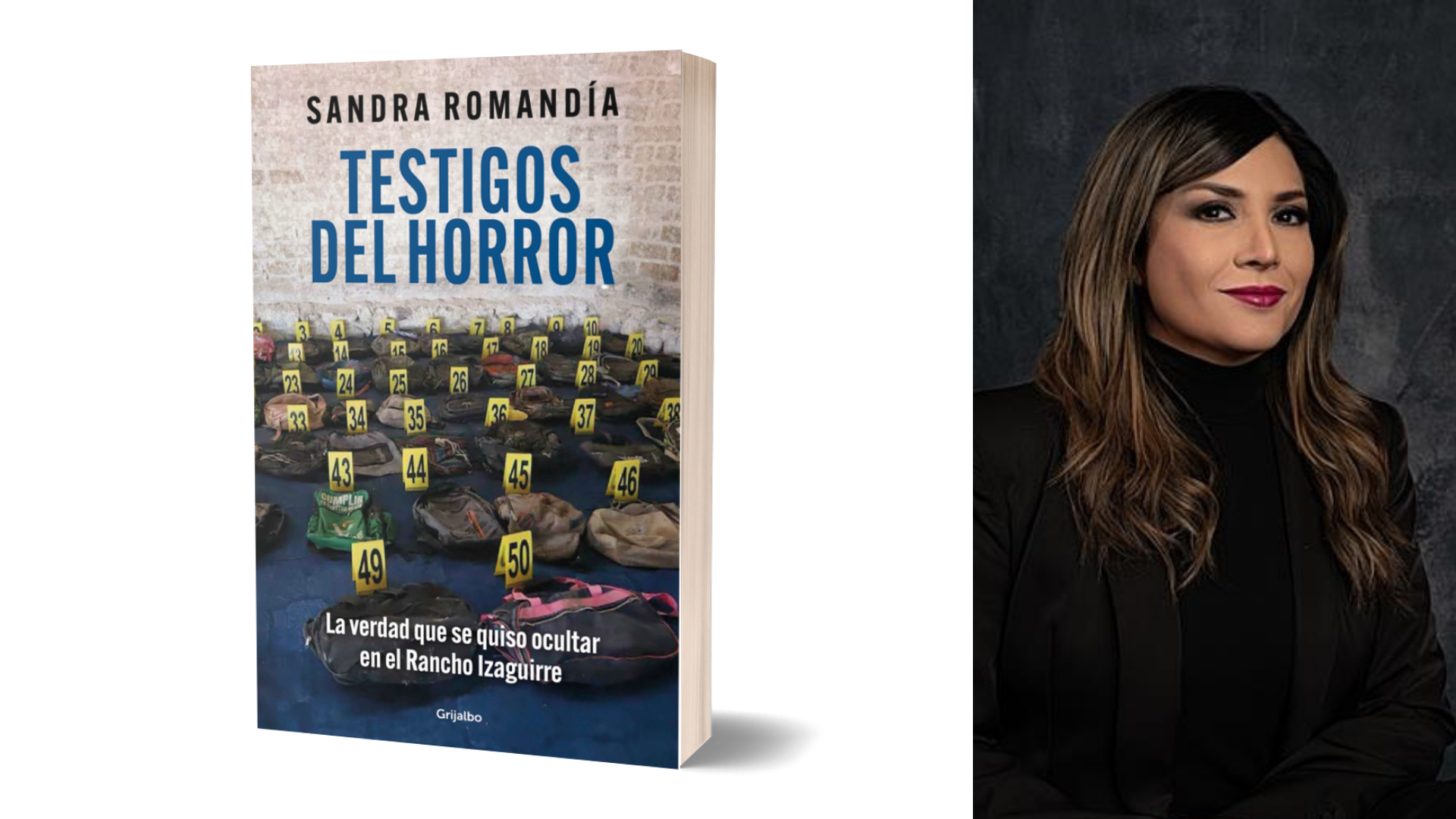 La portada del libro "Testigos del horror: la verdad que se quiso ocultar en el Rancho Izaguirre" y una foto de Sandra Romandía