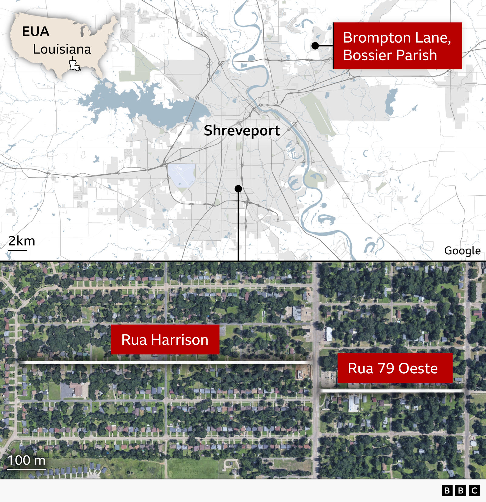 Mapa de Shreveport, onde ocorreu o incidente. 