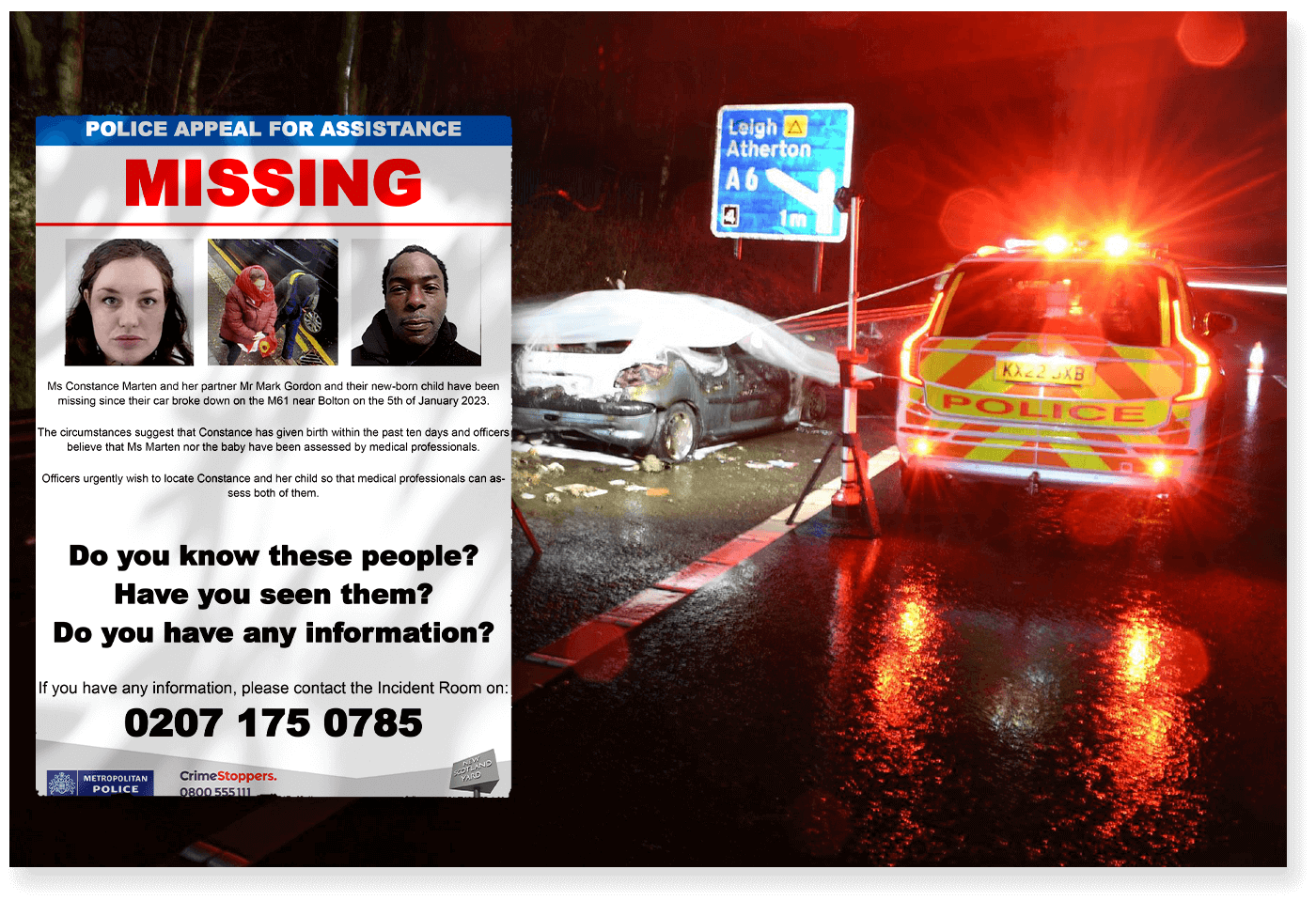 Cartaz de desaparecidos com as fotos de Constance Marten e Mark Gordon, com carro carbonizado em acostamento de estrada ao fundo