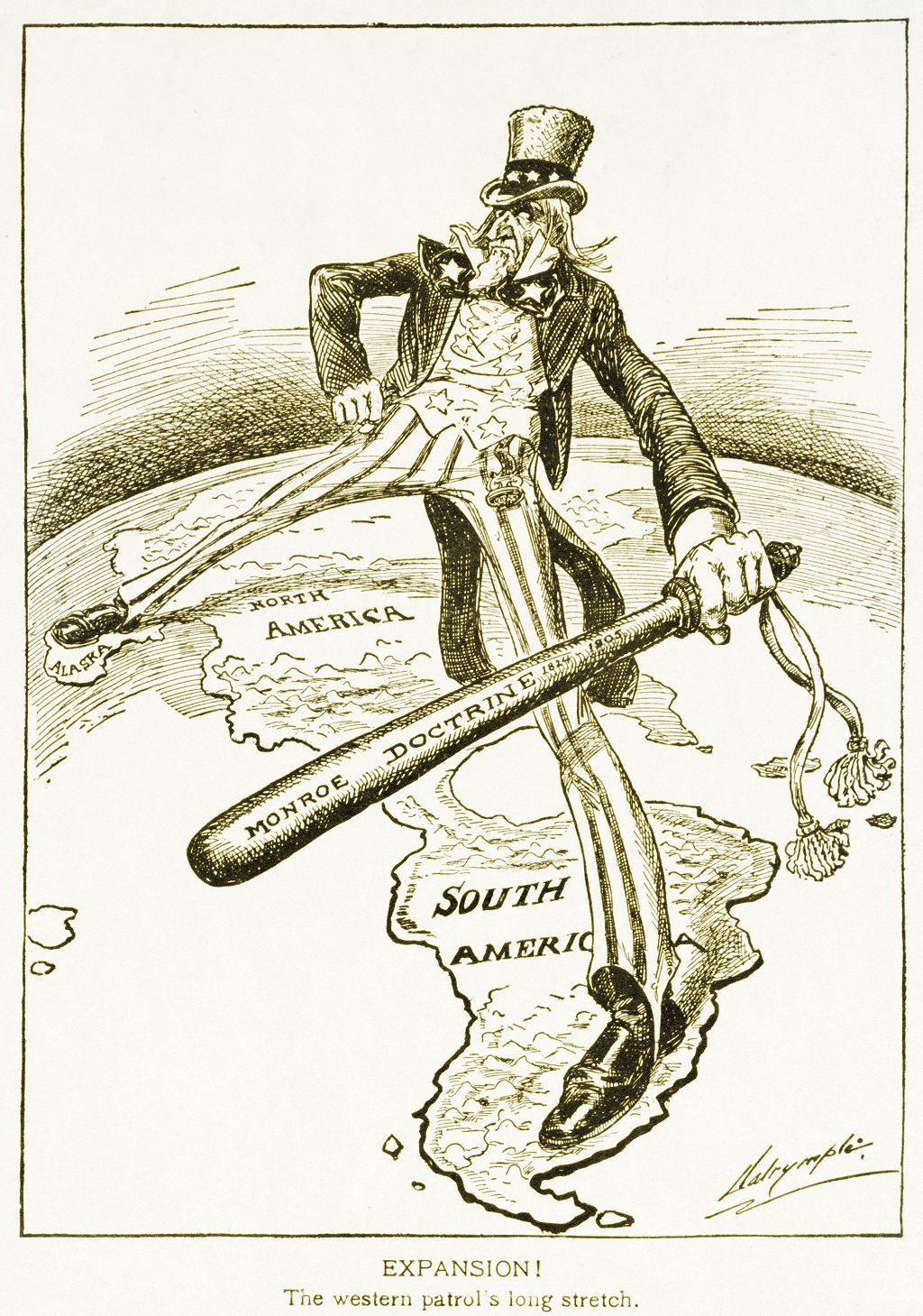 Caricatura política en la que el Tío Sam se extiende a ambos lados de América mientras blande un gran garrote con la inscripción 