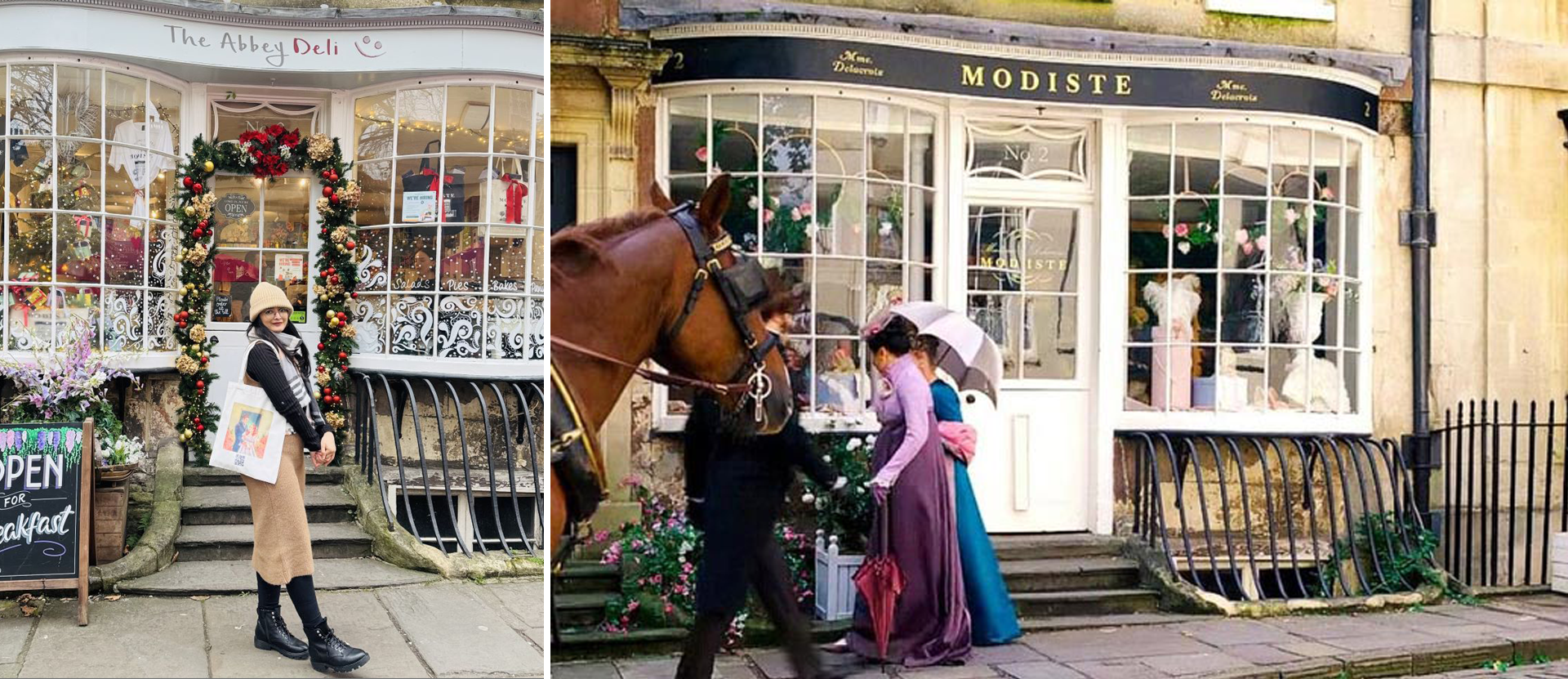 Imagen 1: Una mujer con vestido y sombrero marrones, botas y blusa negras se encuentra frente a Abbey Deli, una tienda decorada con estampados blancos en los escaparates y una corona festiva con adornos alrededor de la puerta. Imagen 2: Exterior de Modiste, la tienda de ropa en Bridgerton.