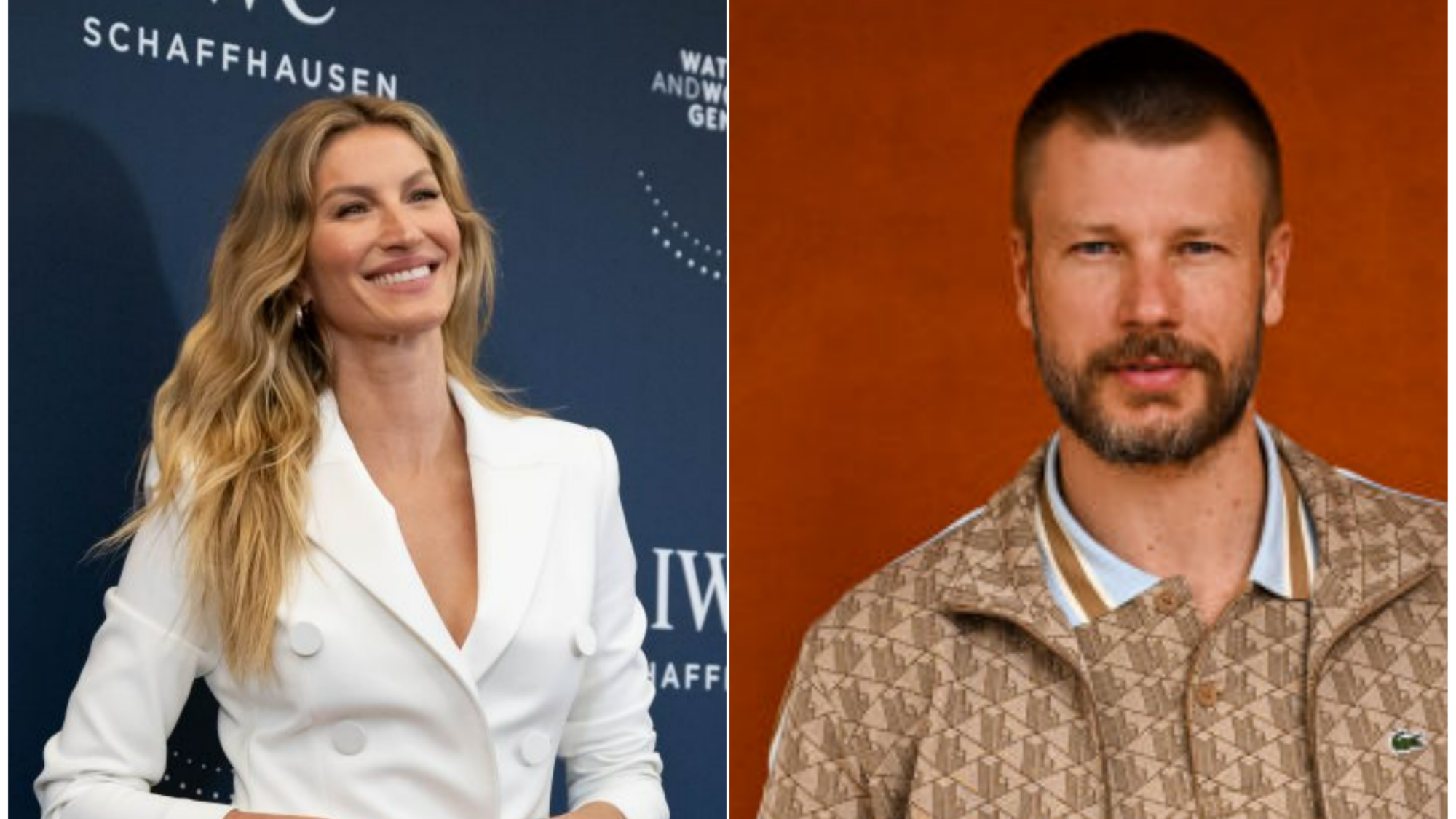Colagem com fotos de Gisele Bündchen e Rodrigo Hilbert sorrindo ao posar para fotos em eventos