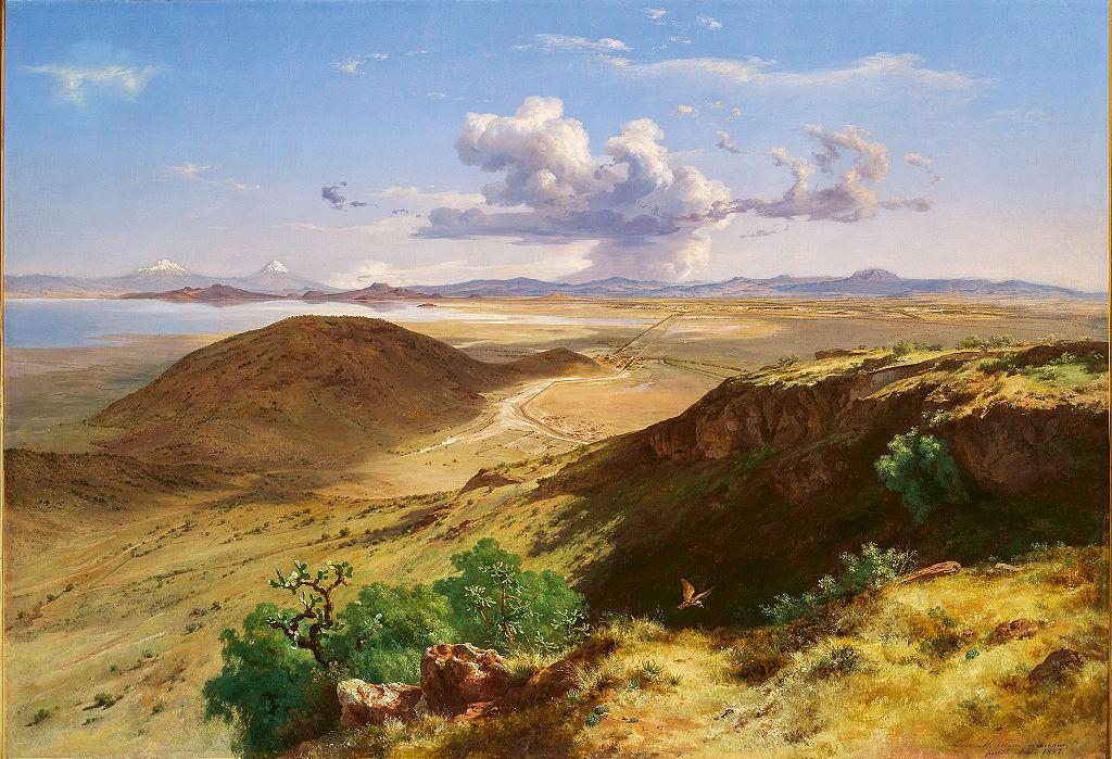 Valle de México, con lagunas, rocas, caminos, ciudades y montañas