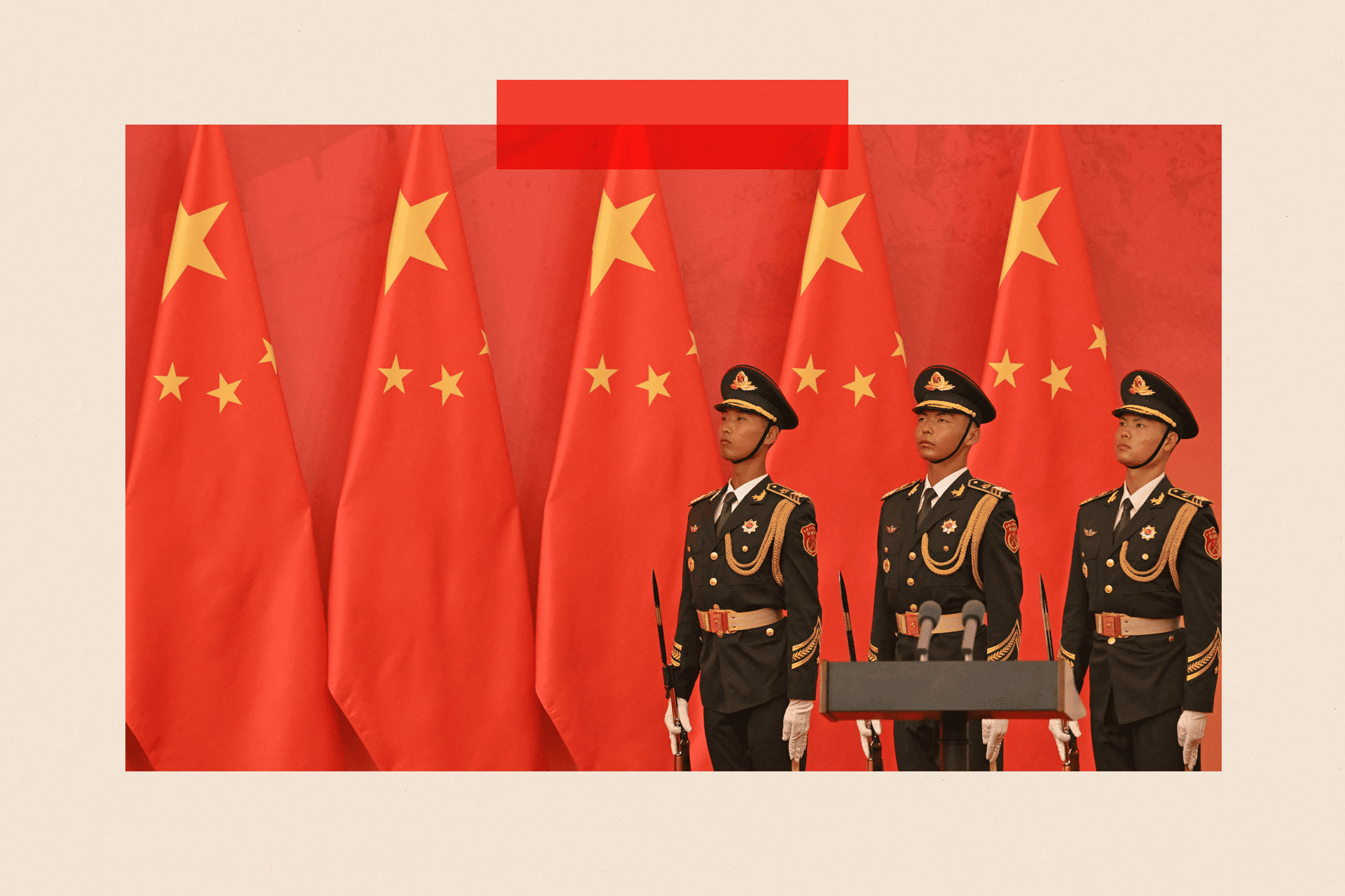 Three soldiers stand in front of a Chinese flag
