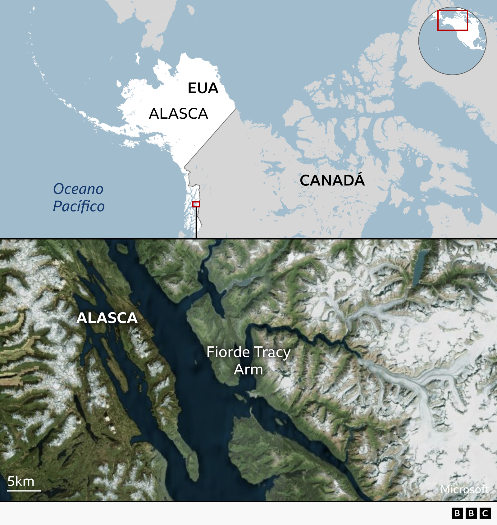 Mapa dos EUA e Canad&aacute; mostrando a localiza&ccedil;&atilde;o do fiorde de Tracy Arm no sudeste do Alasca.