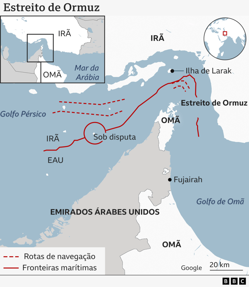 Mapa mostra o Estreito de Ormuz e os países que o margeiam, com as rotas de navegação e fronteiras marítimas destacadas com linhas vermelhas contínuas e pontilhadas