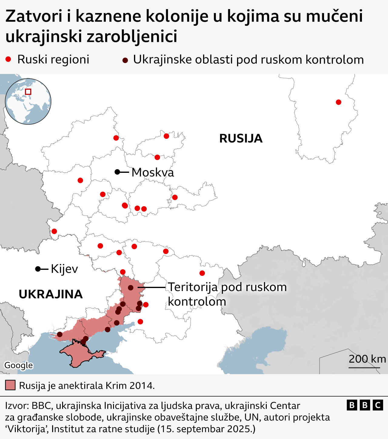 Mapa Rusije na kojoj su označeni zatvori i kaznene kolonije u kojima su navodno mučeni ukrajinski ratni zarobljenici i uhapšeni civili