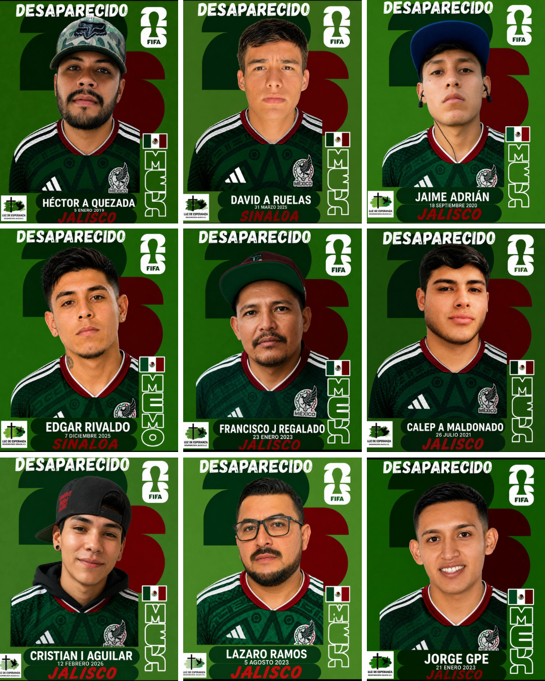 Varios rostros de desaparecidos que aparentan ser cromos mundialistas