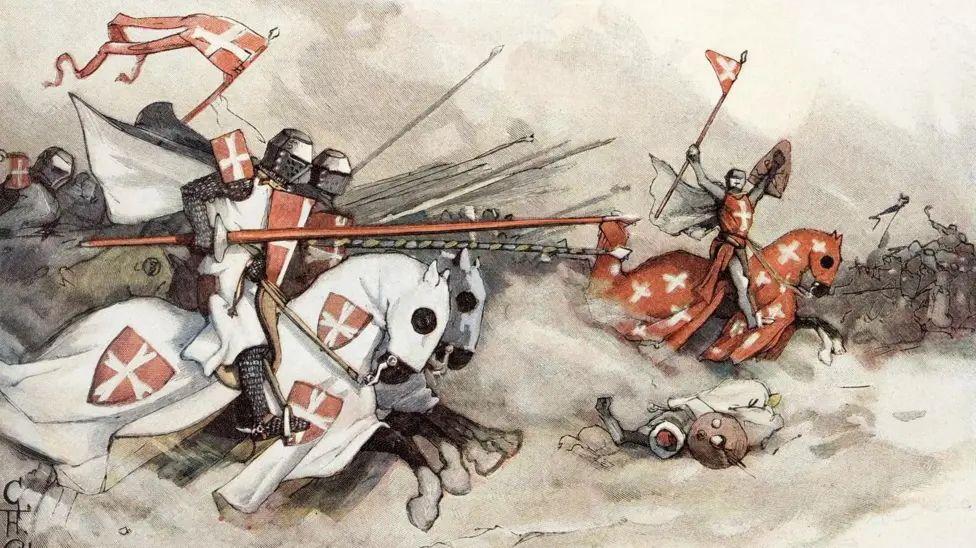 Una pintura de caballeros a caballo, portando lanzas y vistiendo ropas rojas con cruces blancas, o ropas blancas con diseños de escudos rojos con cruces blancas.