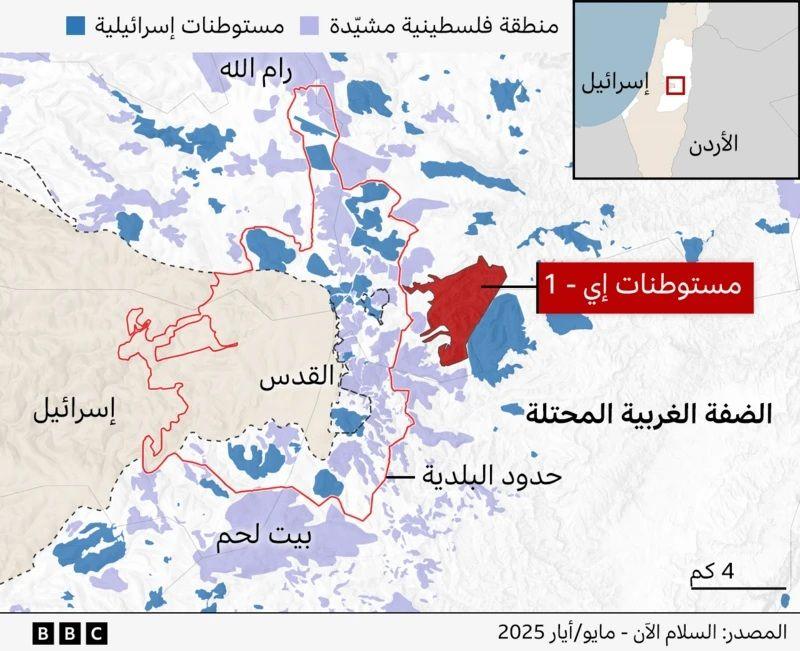 خريطة توضح موقع مشروع E1 الاستيطاني في الضفة الغربية المحتلة