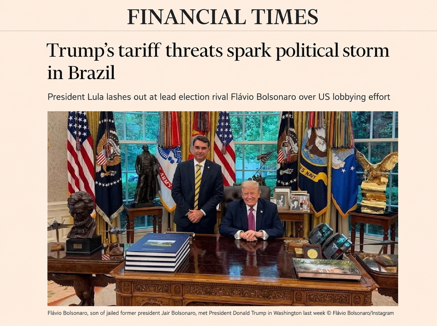 Print de reportagem no Financial Times sobre tarifas de Trump que causam tempestade pol&iacute;tica no brasil