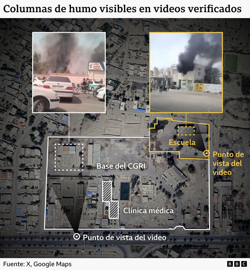 Una imagen satelital anotada que muestra la ubicación de la escuela y la base del CGRI, con capturas de pantalla de un video verificado que muestra columnas de humo.
