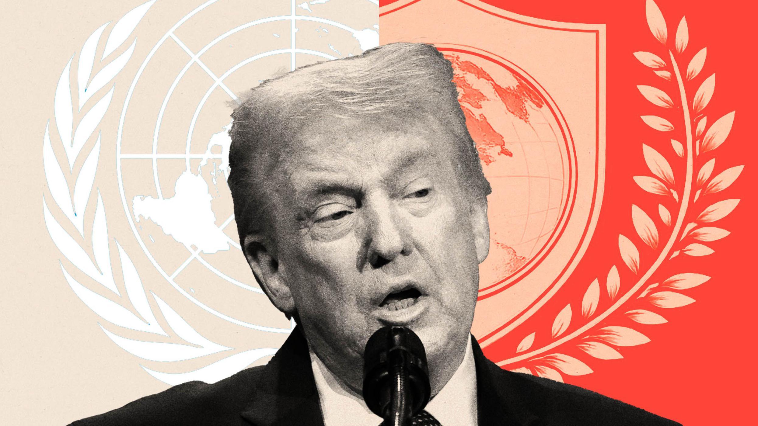 Montaje que muestra a Donald Trump, el logotipo de la ONU y el escudo de la Junta de Paz.