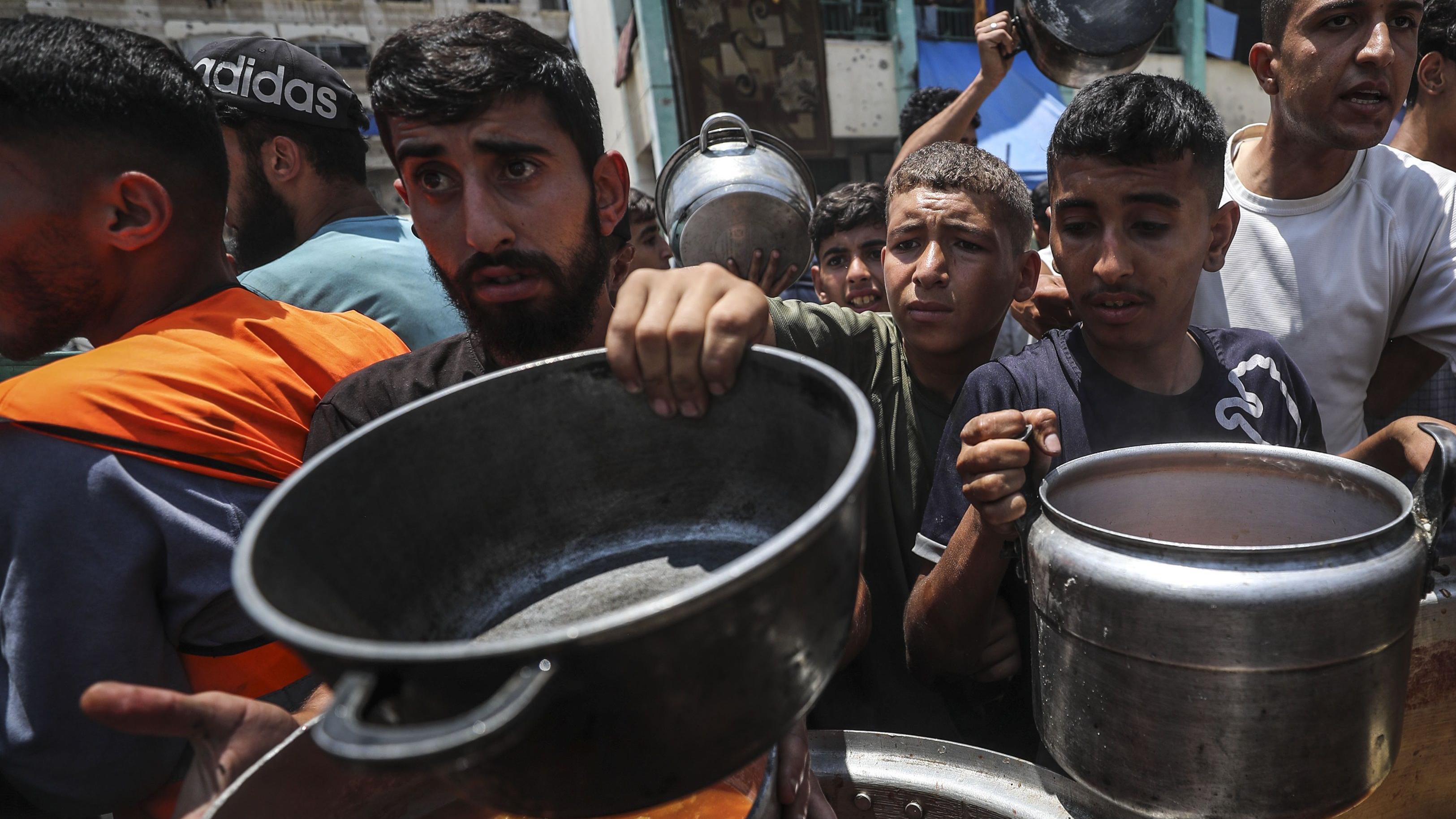 مقتل 20 فلسطينياً قرب مراكز توزيع مساعدات في غزة، والأونروا تتحدث عن "مآسٍ بلا هوادة" في القطاع 1 فلسطينيون بينهم أطفال، يعانون من الجوع، ينتظرون في طوابير للحصول على وجبات ساخنة توزعها جمعيات خيرية في غزة