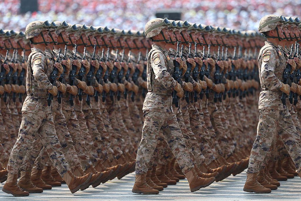 2025年9月3日，中國北京天安門廣場，士兵列隊參加紀念抗戰勝利暨二戰結束80週年的閱兵式。