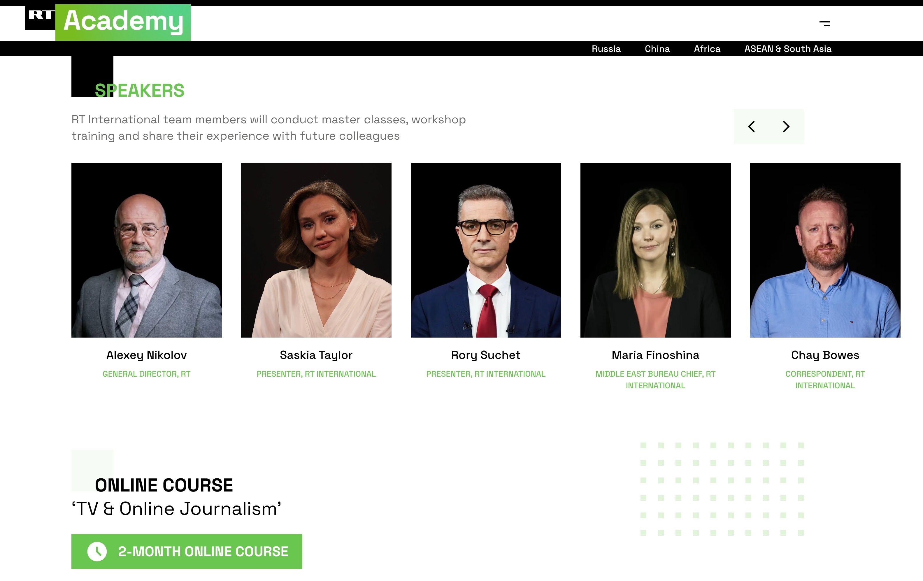 Među predavačima bilo je desetine dopisnika RT-a, ali i njihov generalni direktor, koji je pod sankcijama nekih zapadnih vlada usled promovisanja propagande iz Kremlja