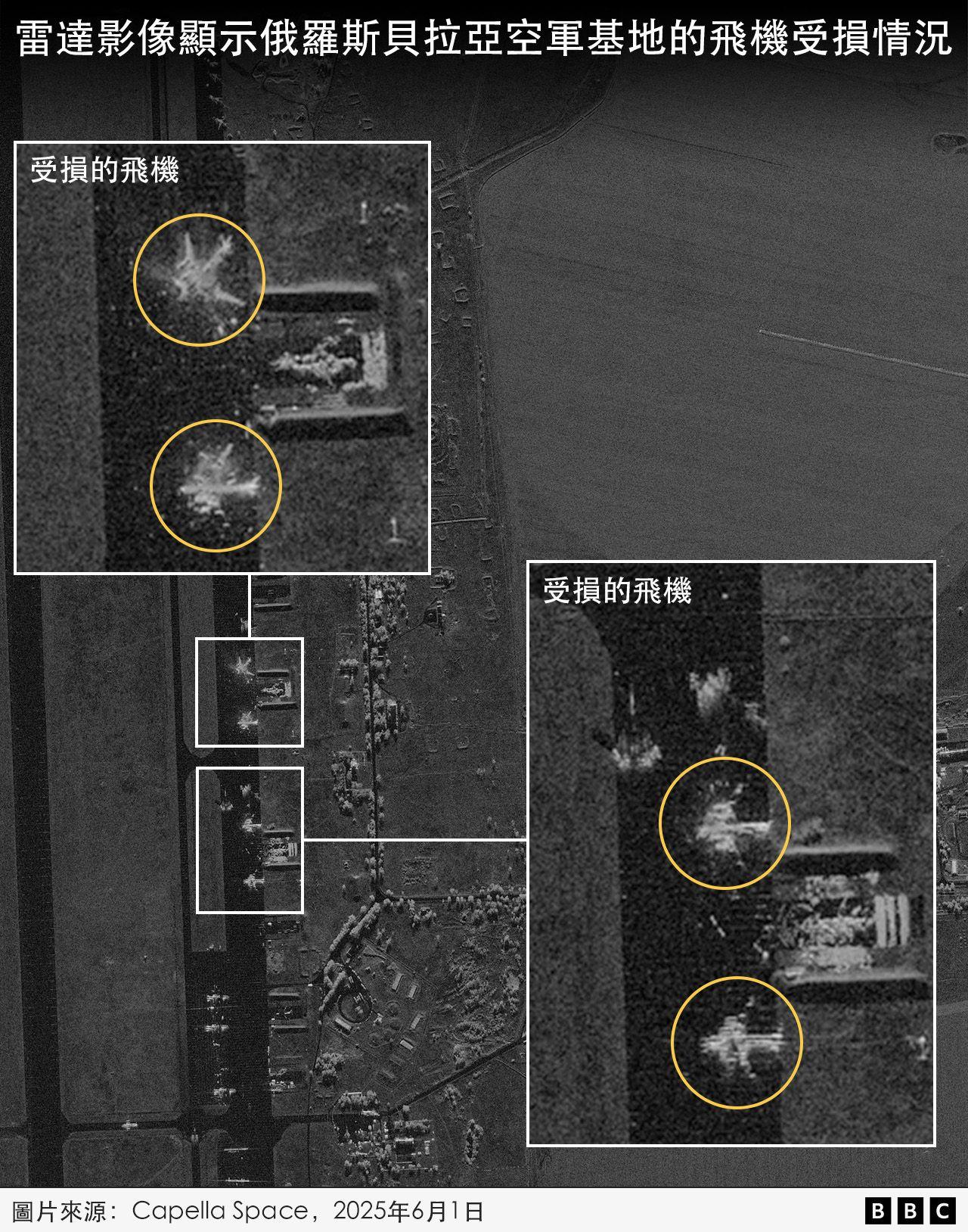 貝拉亞（Belaya）空軍基地地圖上的受損飛機