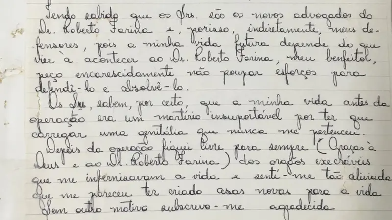 Carta de Waldirene para os advogados do m&eacute;dico Roberto Farina, em 1978, ap&oacute;s a condena&ccedil;&atilde;o em primeira inst&acirc;ncia 