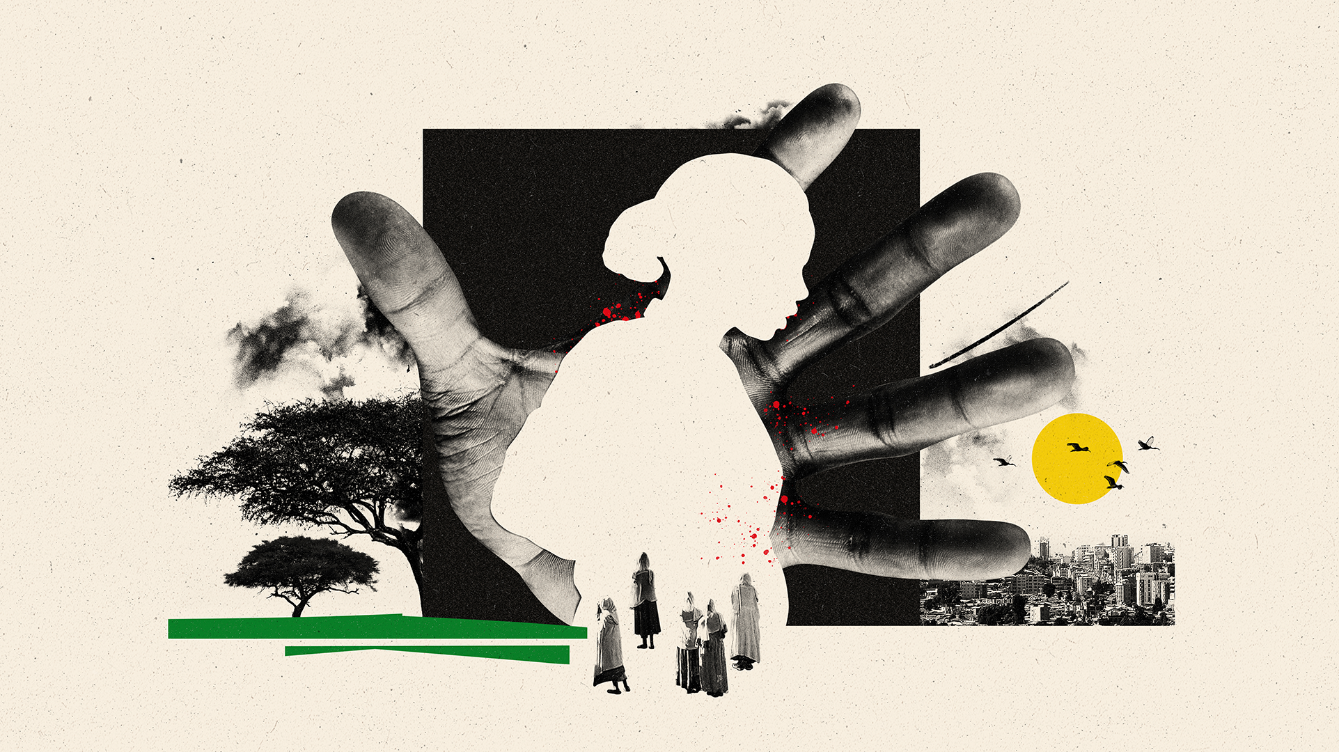 A designed image of a cream-coloured silhouette of a woman with a large open hand behind her. There are also distant images of women, trees and the high-rise buildings of a city.