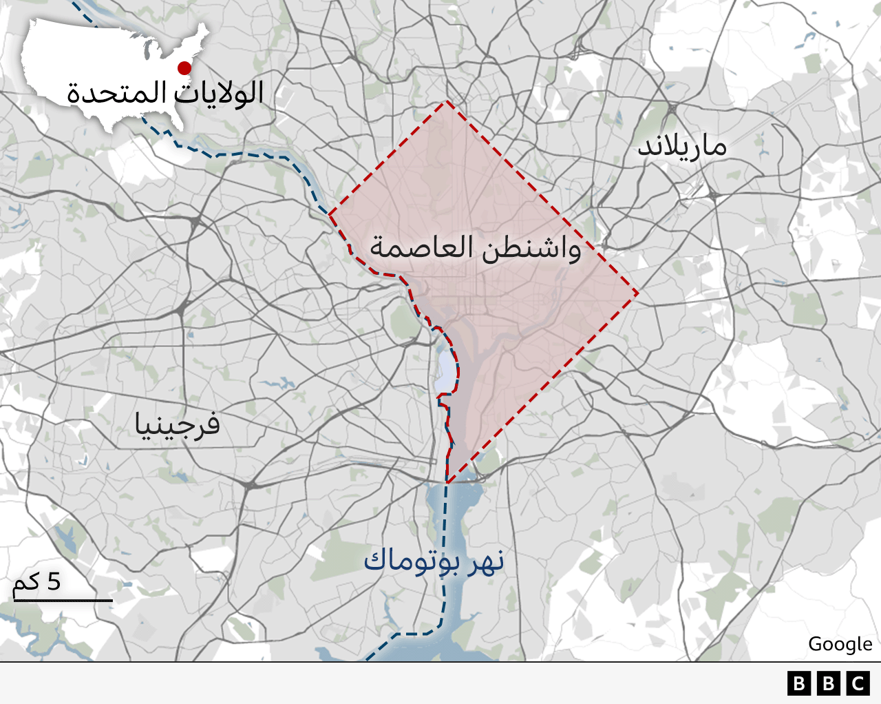 خارطة توضح موقع العاصمة الأمريكية واشنطن.