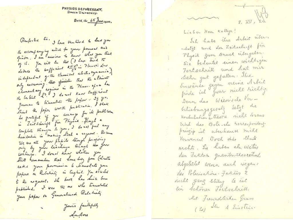 Cartas escritas por Satyendra Nath Bose (izquierda) y Albert Einstein (derecha) sobre las estadísticas de Bose.