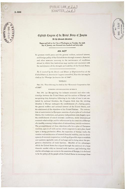 قانون الإنعاش الأوروبي -خطة مارشال- وُقّع في 3 نيسان/أبريل 1948، بحسب الأرشيف الوطني الأمريكي.