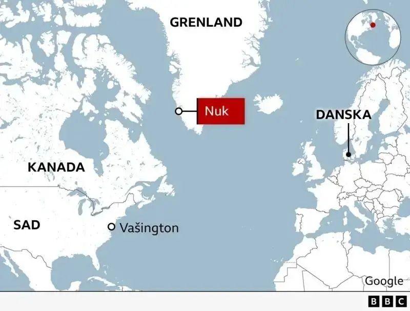 Mapa na kojoj su obeleženi Grenland, prestonica Nuk, Danska, Vašington, Kanada