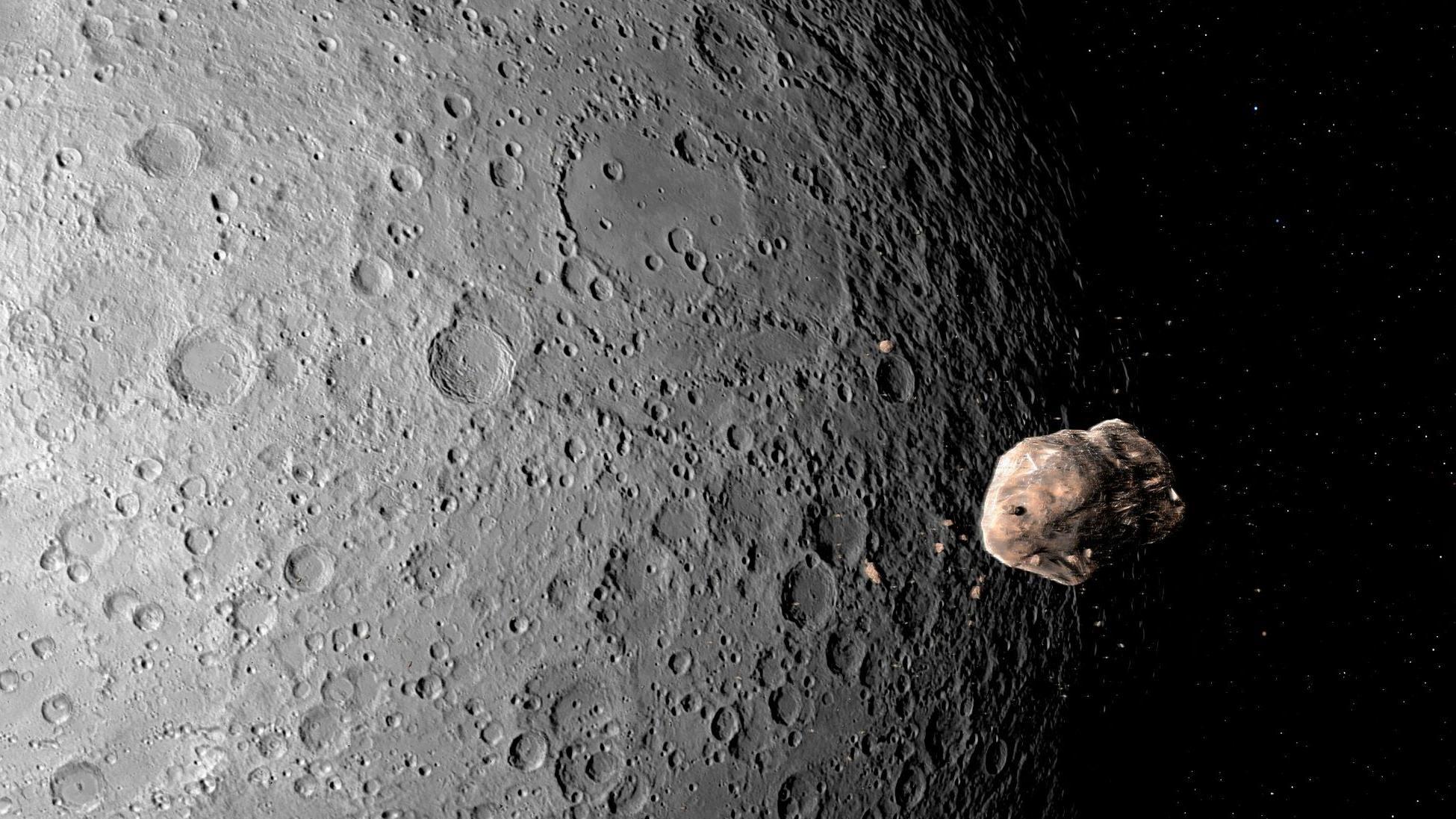 Ilustración de un asteroide cerca de la Luna. El asteroide brilla con un tono dorado al acercarse a la masa grisácea mucho más grande de la Luna.