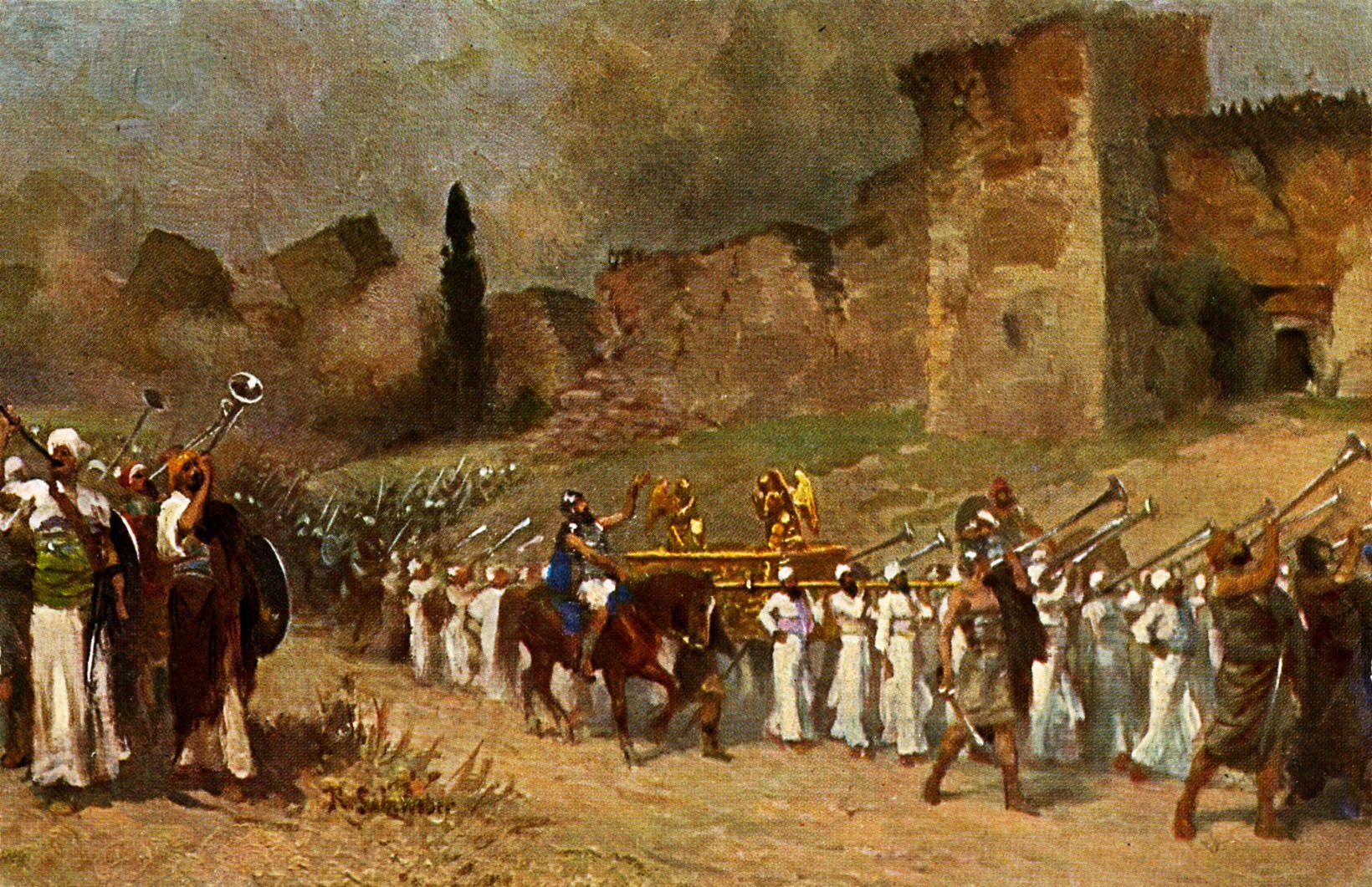 Destrucción de las murallas de Jericó. El relato bíblico de la destrucción de Jericó se encuentra en el Libro de Josué, Antiguo Testamento, datado alrededor del siglo XIII a.C. Ilustración basada en el lienzo original de Robert Leinweber.