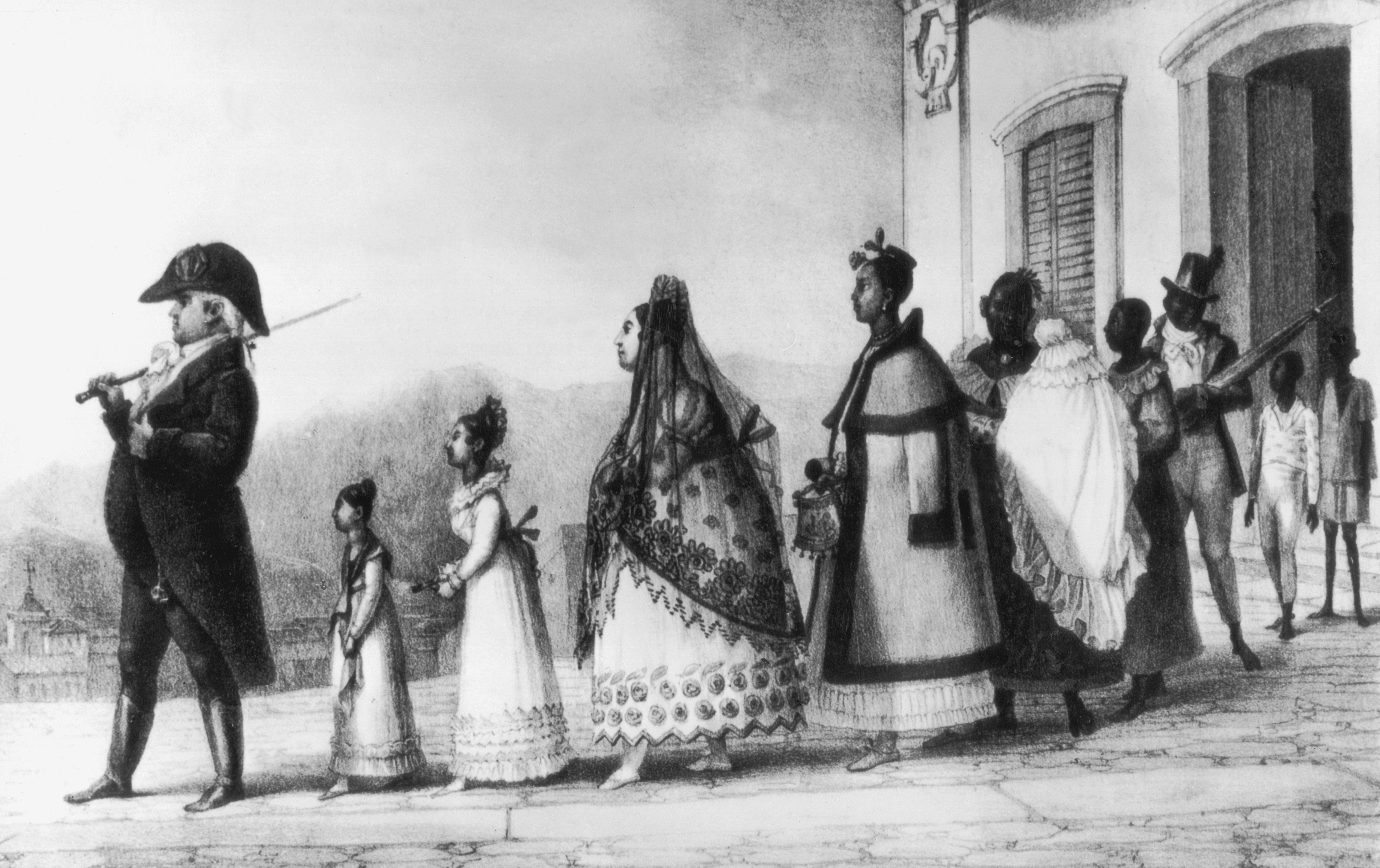 Colonizadores portugueses no Brasil, por volta de 1820. Um funcion&aacute;rio p&uacute;blico leva a fam&iacute;lia para um passeio no Rio de Janeiro