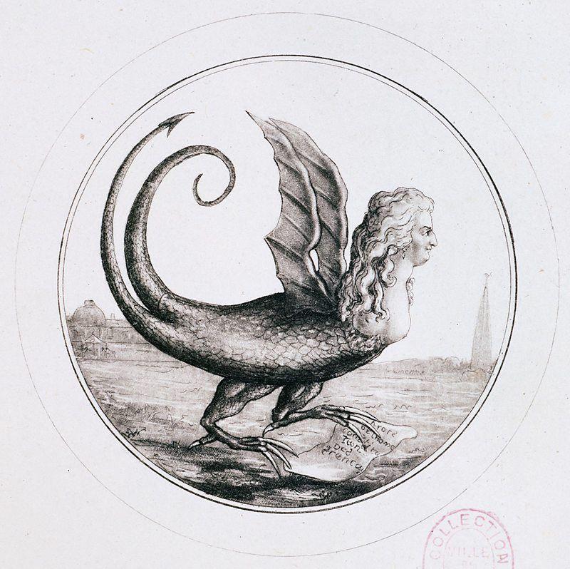 Ilustração em preto e branco, retratando a rainha Maria Antonieta como uma harpia lendária, rasgando os direitos humanos e a constituição