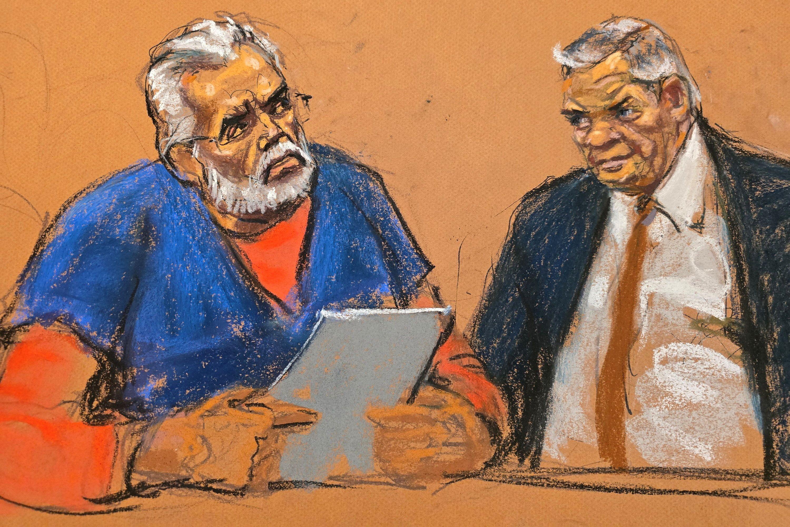 Un dibujo de Ismael Zambada leyendo su declaración junto a Frank Pérez 