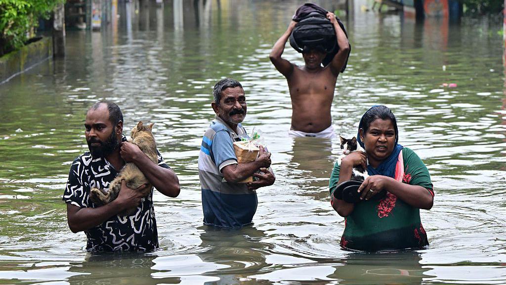 Pessoas caminham por uma rua alagada, um homem e uma mulher carregando gatos nos braços, após fortes chuvas em Wellampitiya, na periferia de Colombo, Sri Lanka 