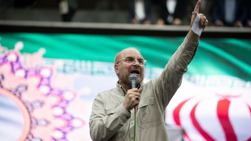 Mohammad Bagher Ghalibaf wearing glasses and a khaki-coloured shirt, speaking into a microphone and gesticulating in the air.