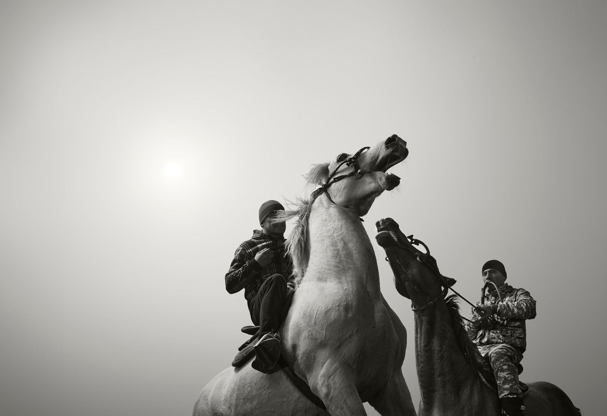 Una fotografía en blanco y negro de dos hombres a caballo, con los caballos encabritados muy cerca el uno del otro, tomada durante un partido de buzkashi.