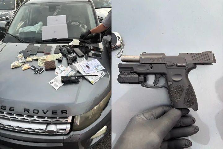 Dinheiro, celulares, documentos apreendidos em Land Rover e arma