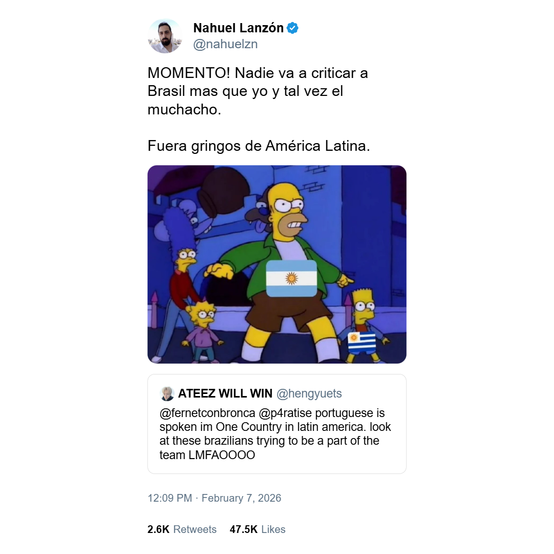 Captura de tela de um tu&iacute;te de Nahuel Lanz&oacute;n (@nahuelzn). O texto diz, em espanhol: 