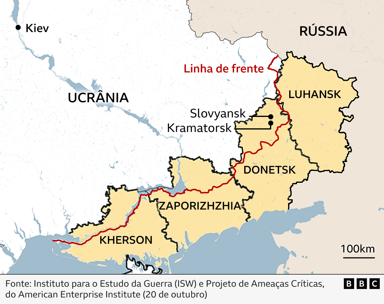 Mapa do leste da Ucrânia mostra a linha de frente cortando quatro regiões.