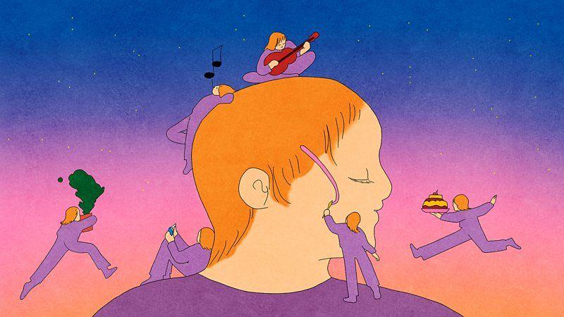 Desenho de uma cabe&ccedil;a humana de perfil com pessoas pequenas fazendo diversos tipos de atividade