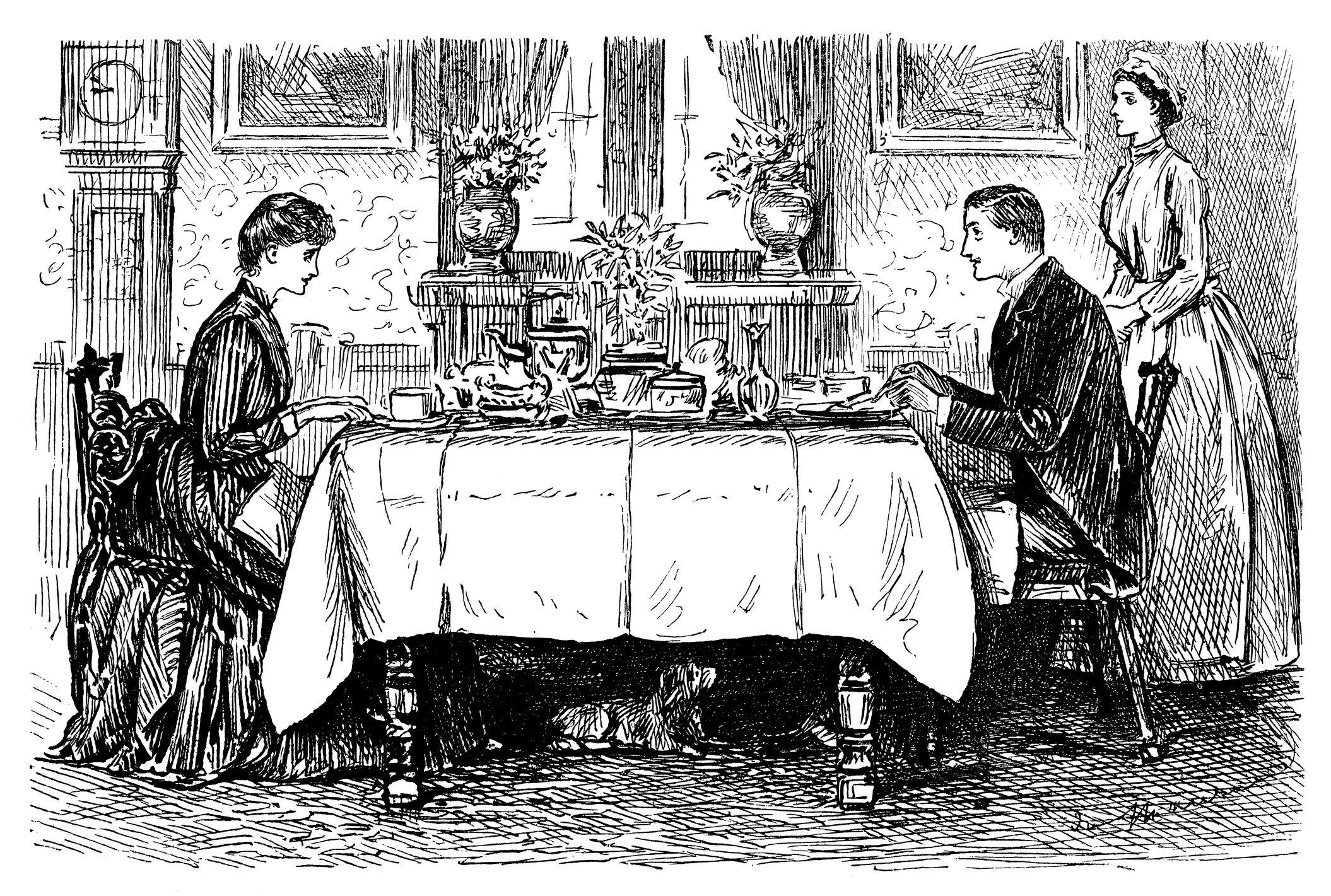 Dibujo de una pareja de aristócratas sentada a la mesa y una sirviente a su lado