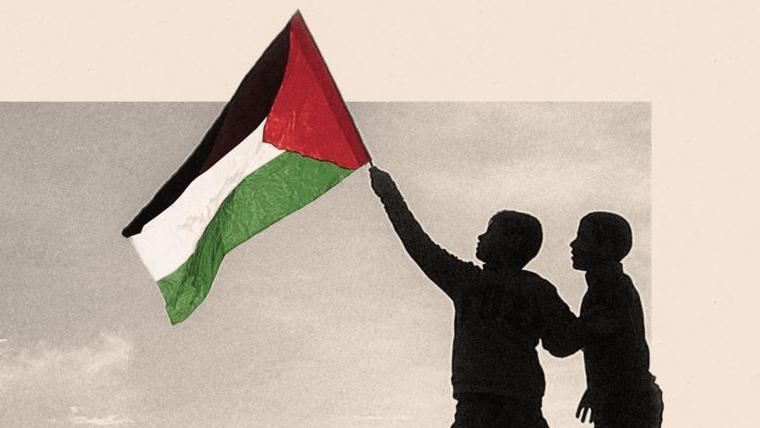 Composición en la que se ve dos siluetas sosteniendo una bandera palestina