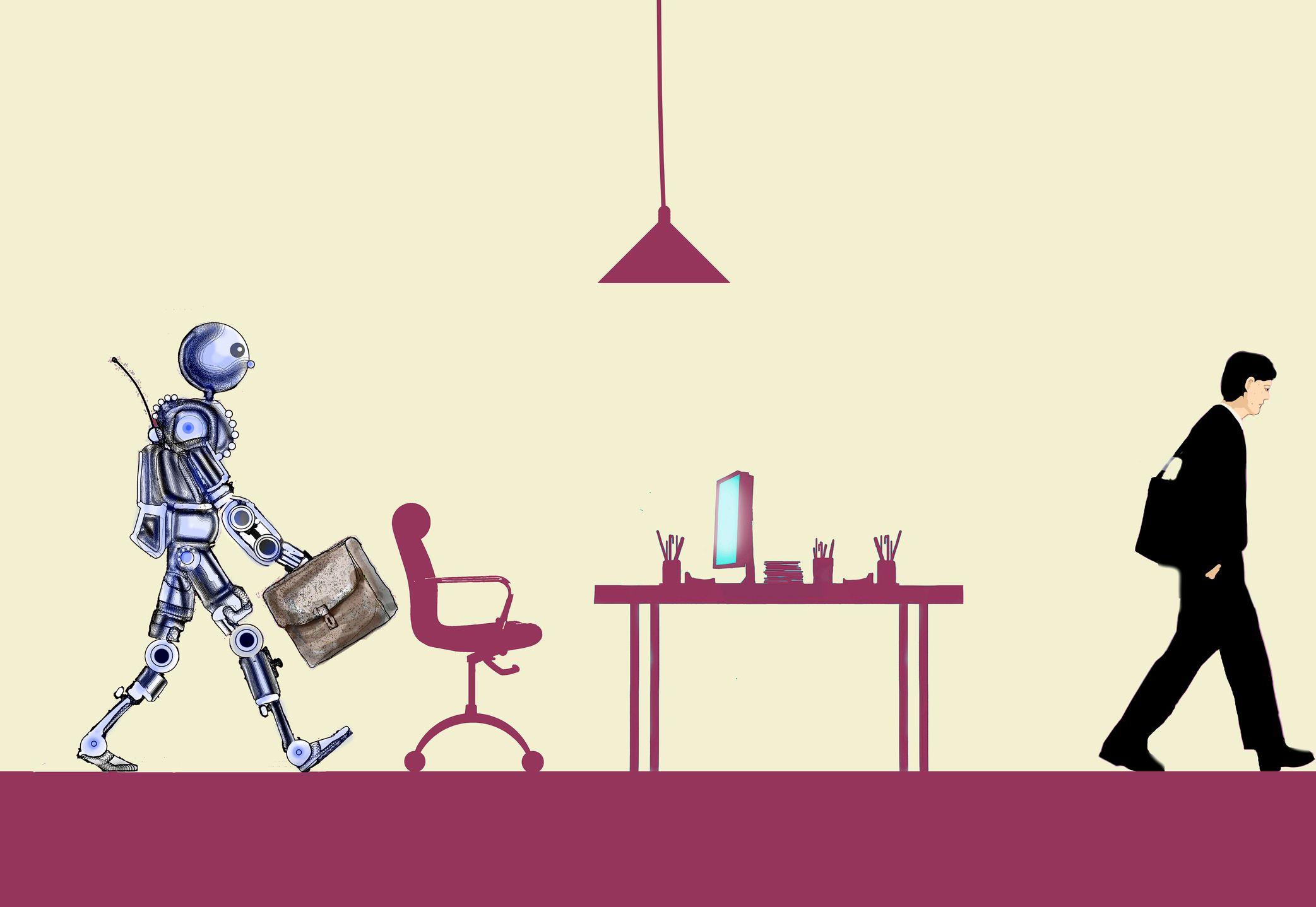 Ilustración de un robot desplazando a un humano de su puesto de trabajo.