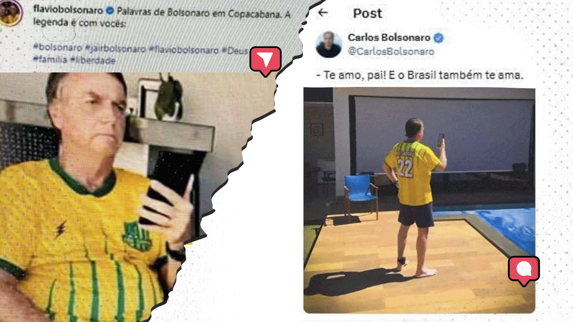 Montagem mostra duas imagens de Bolsonaro postadas por filhos em redes sociais